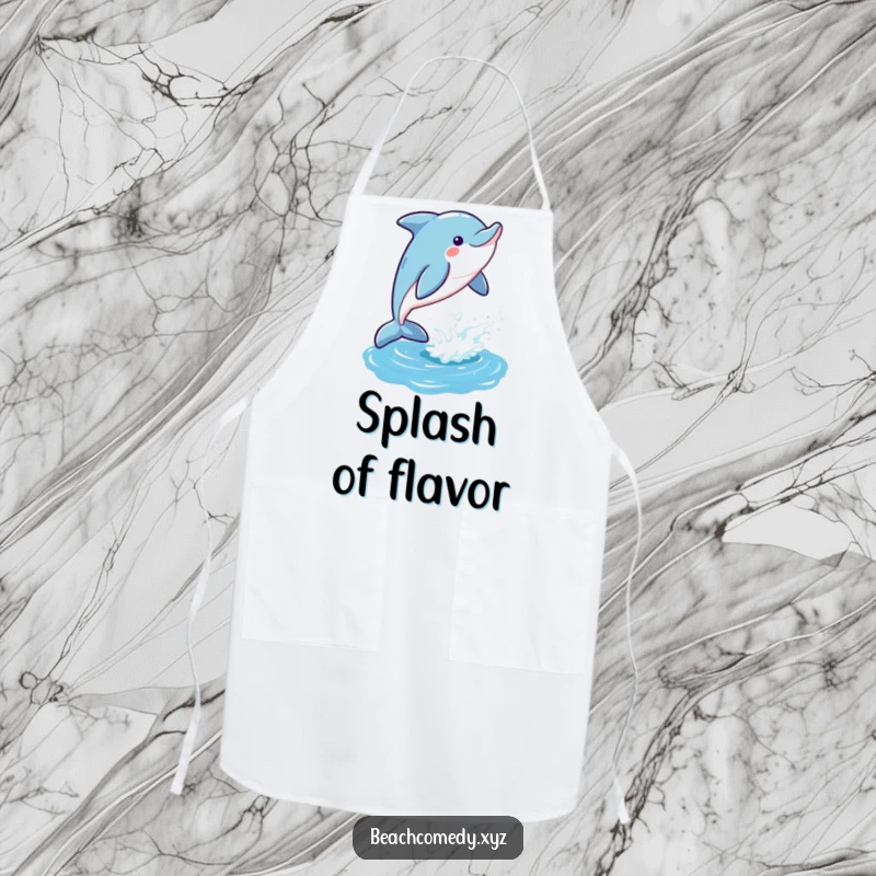 Funny dolphin apron featuring a playful dolphin leaping gleefully out of a shimmering ocean, a humorous and practical kitchen accessory.
