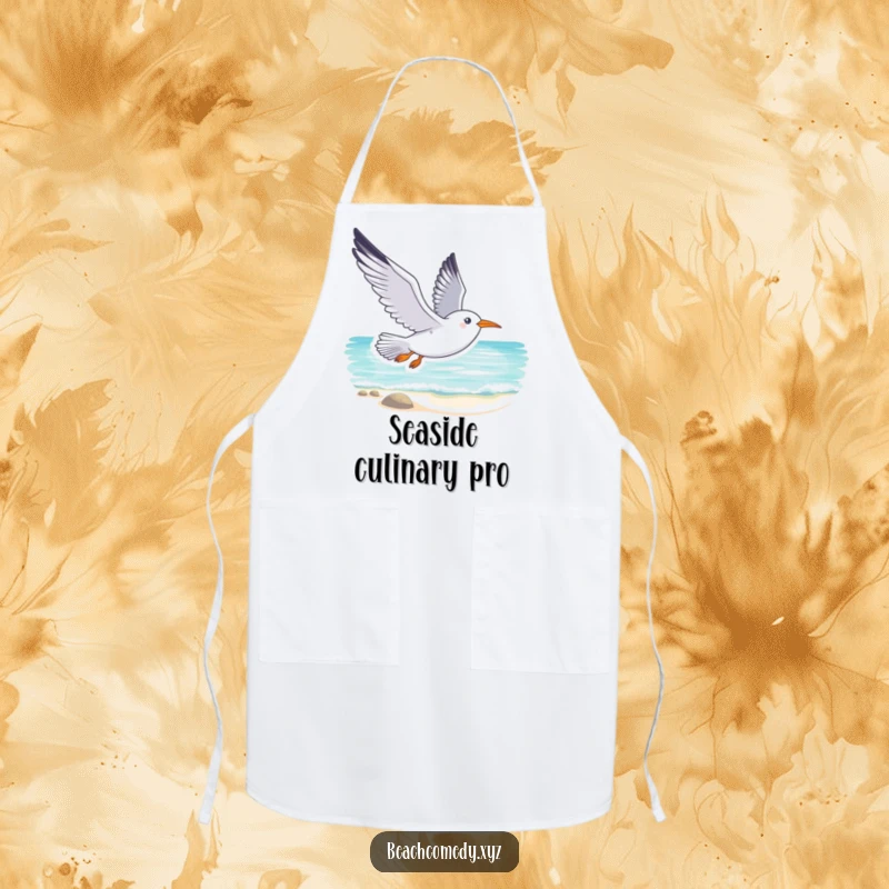 Funny seagull apron featuring a smiling seagull soaring gracefully above a tranquil beach, a humorous and practical kitchen accessory.