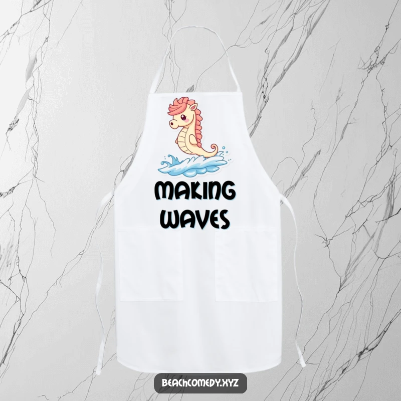 Funny seahorse character wearing an apron, ready to cook while riding a beach wave, bringing kitchen humor.
