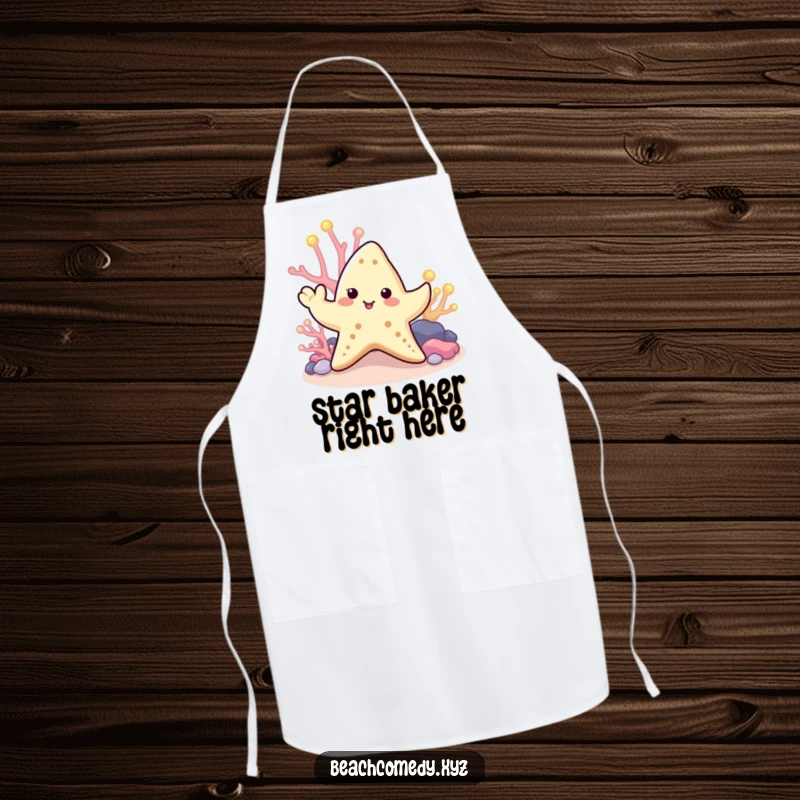 Funny starfish apron featuring a cute starfish waving a tentacle near glowing coral, a humorous and practical kitchen accessory.
