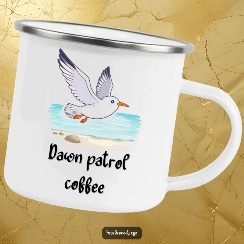 Funny seagull camping mug with a smiling seagull soaring gracefully above a tranquil beach, perfect for enjoying drinks outdoors.