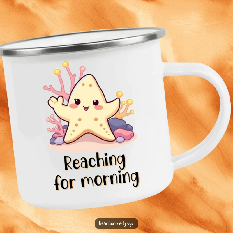 Funny starfish camping mug with a cute starfish waving a tentacle near glowing coral, perfect for enjoying drinks outdoors.