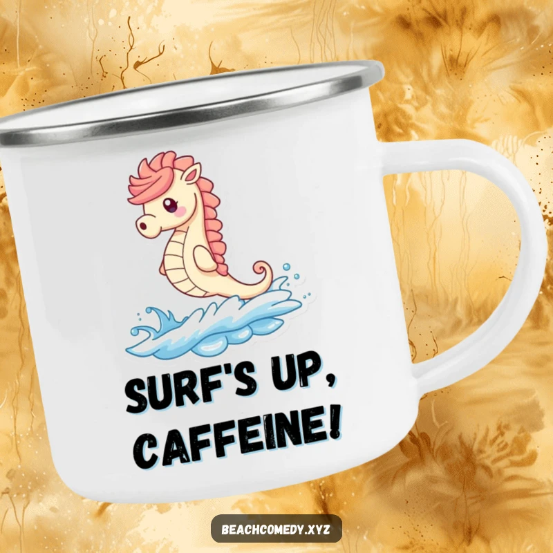 Funny seahorse character on a camping mug, riding an ocean wave, ready for outdoor fun and humor.