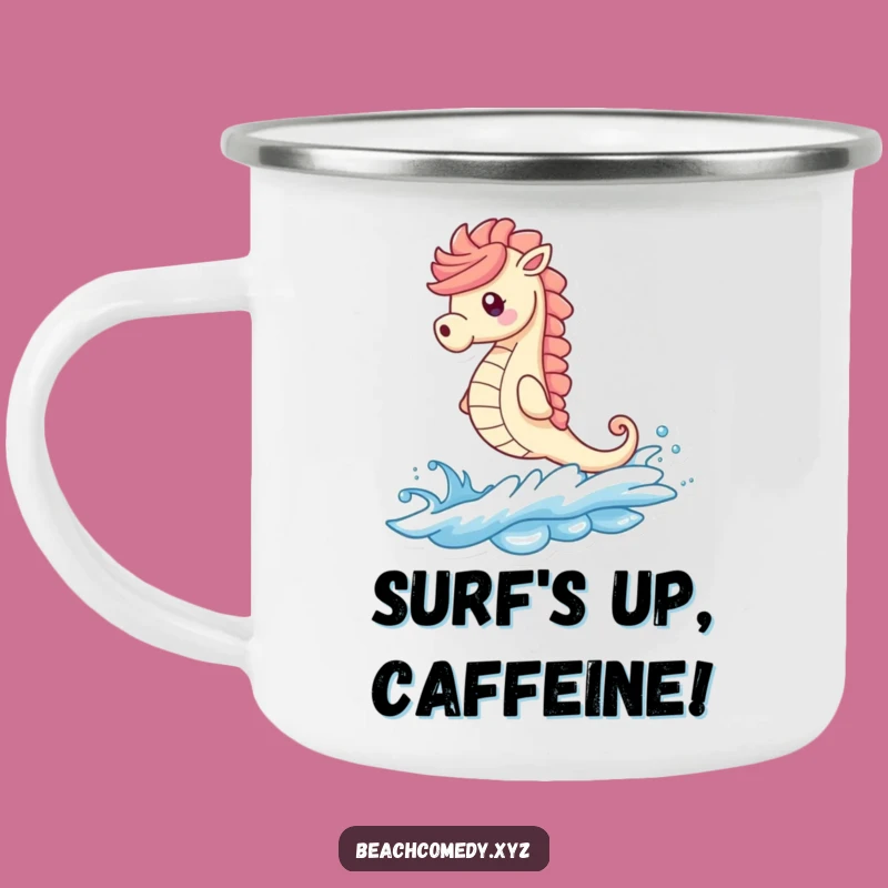 Funny Seahorse Camping Mug: Whimsical Wave Rider Enamel Cup, Hilarious Funny Gift
