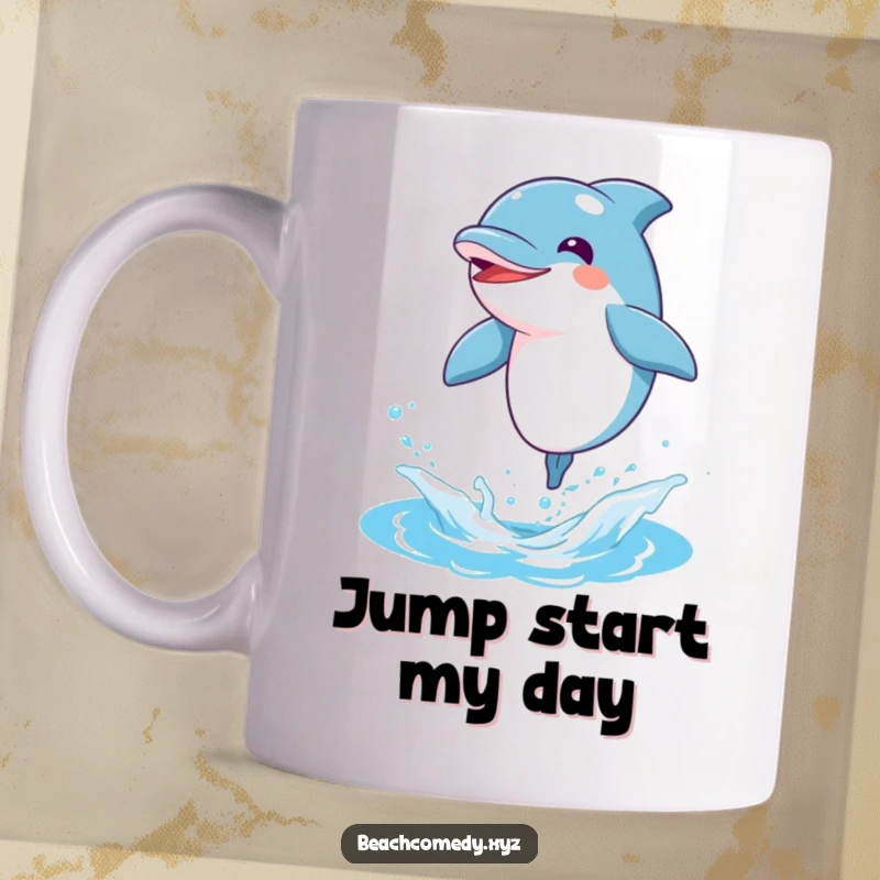 Funny dolphin character energetically leaping high out of sparkling blue water, conveying pure joy and freedom.