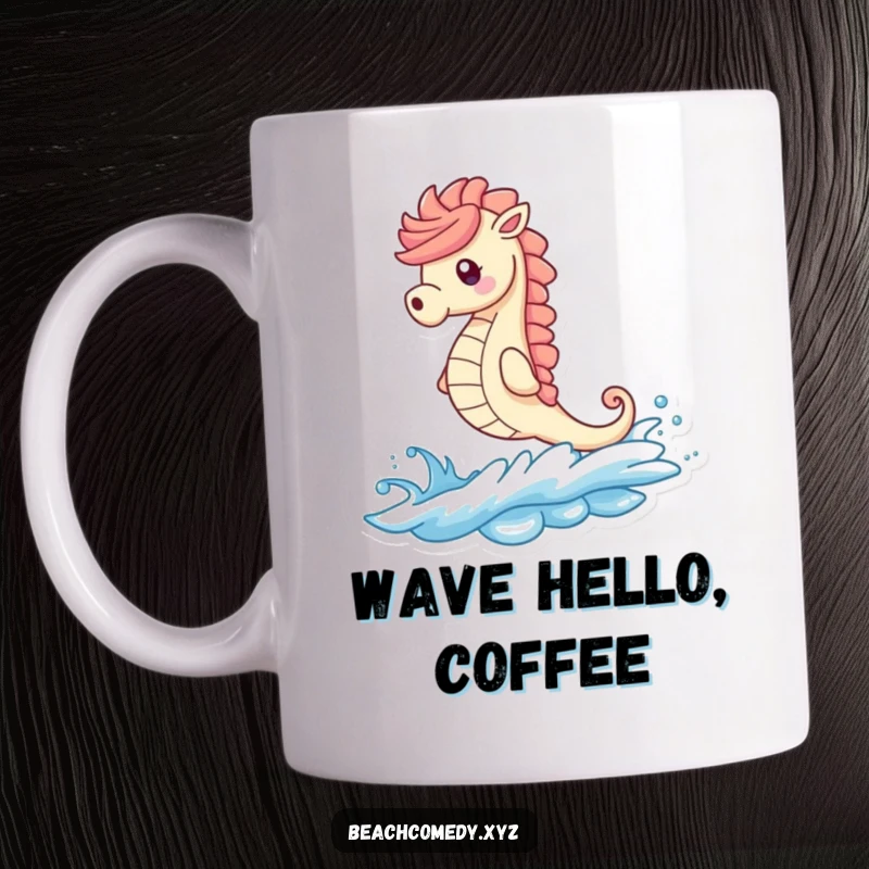 Funny seahorse character joyfully surfing a wave towards a sandy beach, bright sun, and ocean spray, evoking beachy fun.