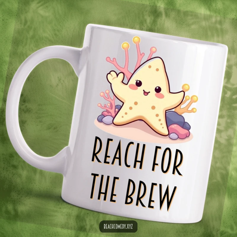 Funny starfish mug with a cute starfish waving a tentacle in greeting amidst vibrant, glowing coral reefs.