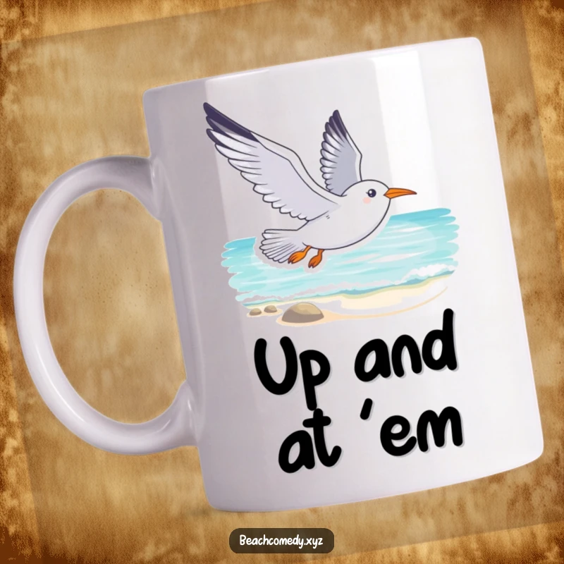 Funny seagull mug with a smiling seagull soaring gracefully above a peaceful, tranquil beach scene.