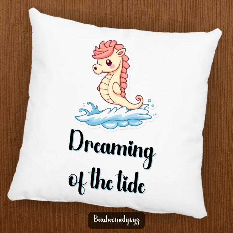 Funny seahorse character lounging on a pillow, riding a stylized ocean wave, adding beachy humor to decor.