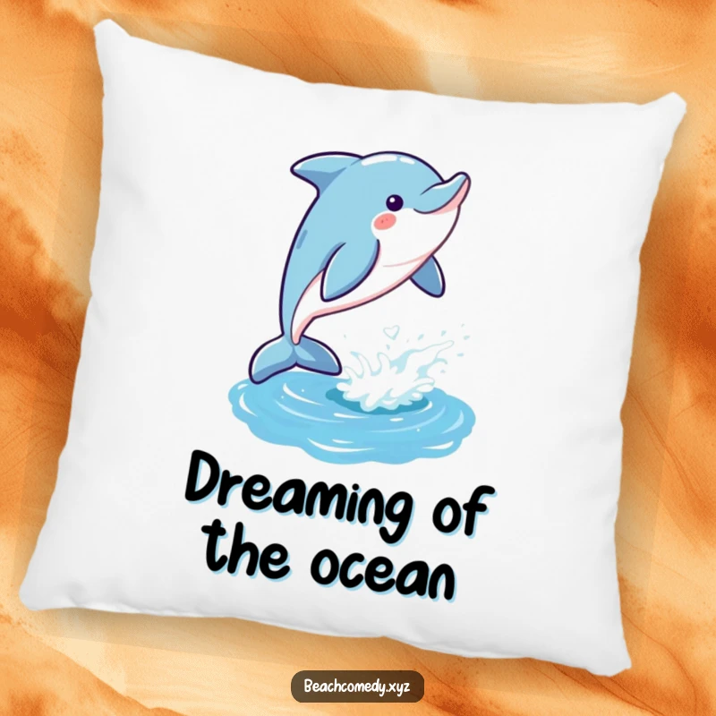 Funny dolphin pillow with a playful dolphin leaping gleefully out of a shimmering ocean, offering comfort and humorous ocean decor.