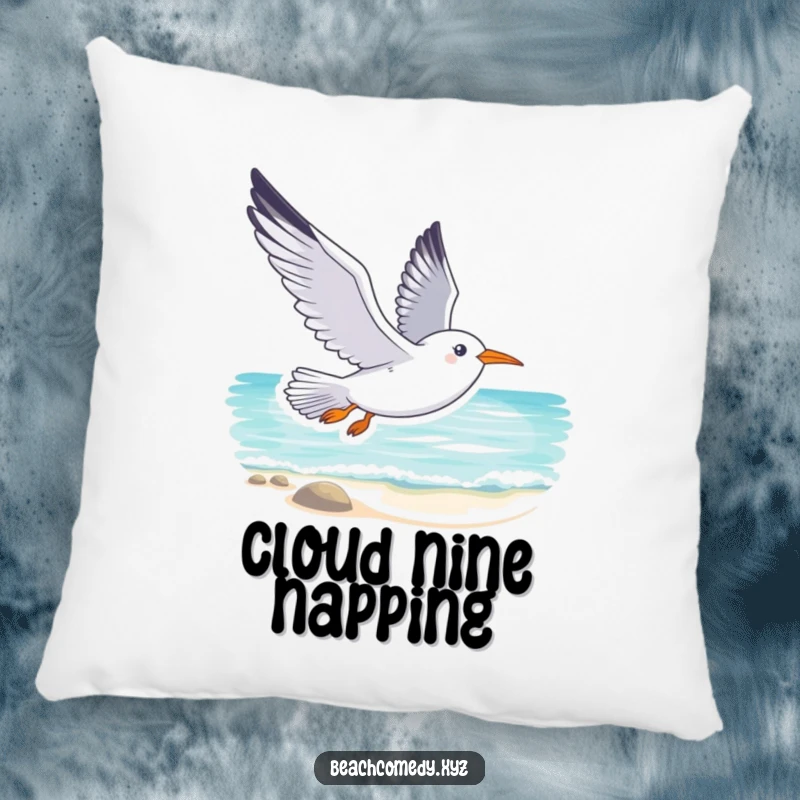 Funny seagull pillow with a smiling seagull soaring gracefully above a tranquil beach, offering comfort and humorous coastal decor.