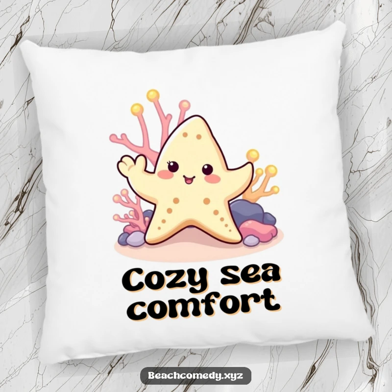 Funny starfish pillow with a cute starfish waving a tentacle near glowing coral, offering comfort and humorous ocean decor.