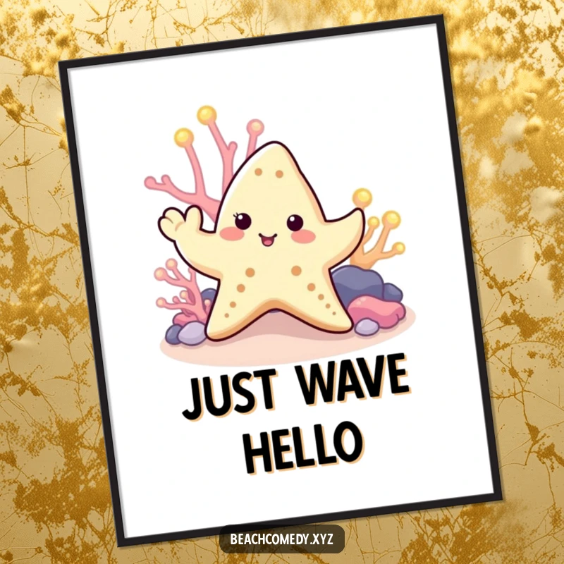 Funny starfish digital art print of a cute starfish waving a tentacle near glowing coral, perfect for humorous underwater-themed decor.