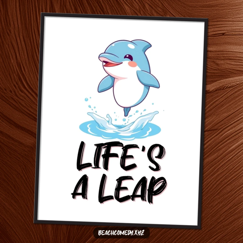 Funny dolphin character captured mid-leap, bursting joyfully out of the water, high-resolution digital art.