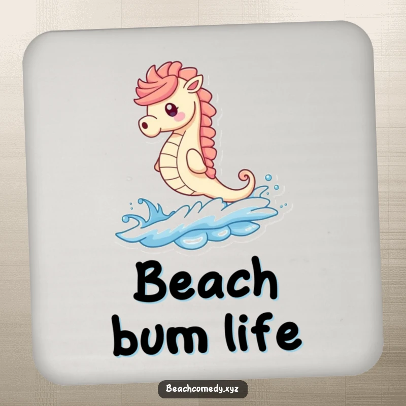 Funny seahorse riding a wave on a drink coaster, protecting surfaces with beachy humor.