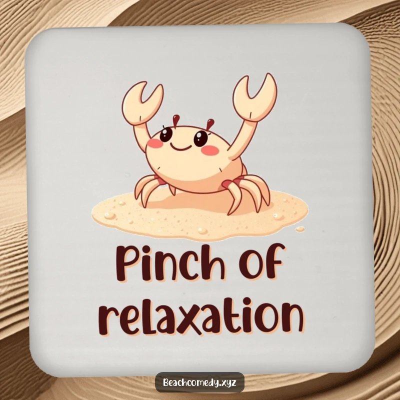 Funny crab drink coaster with a happy crab scuttling sideways on sparkling sand, a humorous and practical addition to any table.
