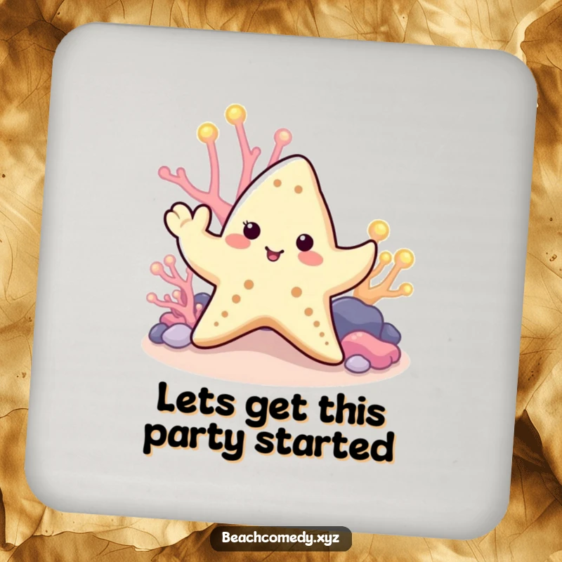 Funny starfish drink coaster featuring a cute starfish waving a tentacle near glowing coral, a humorous and practical table accessory.