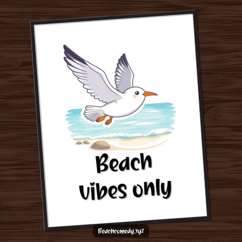 Funny seagull poster depicting a smiling seagull soaring gracefully above a tranquil beach, creating a peaceful and humorous coastal scene.