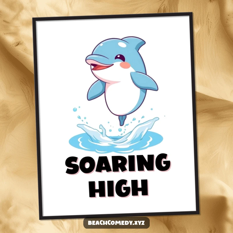Funny dolphin leaping joyfully out of the water, captured in a dynamic and humorous art print.