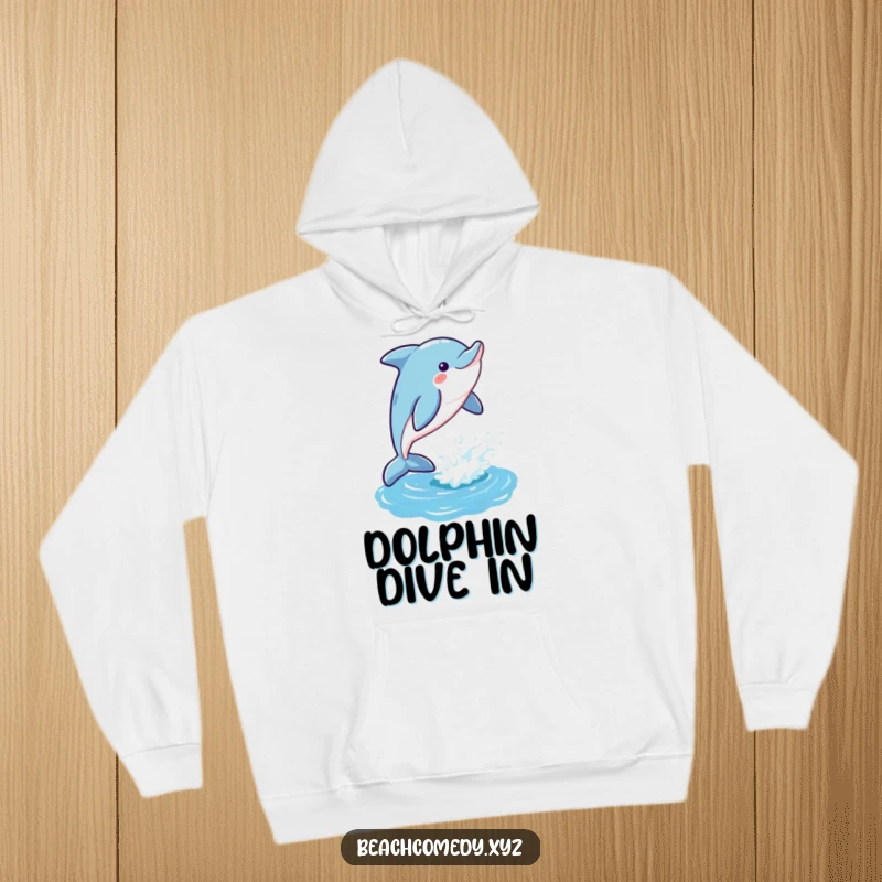 Funny dolphin hoodie with a playful dolphin leaping gleefully out of a shimmering ocean, offering warmth and aquatic humor.