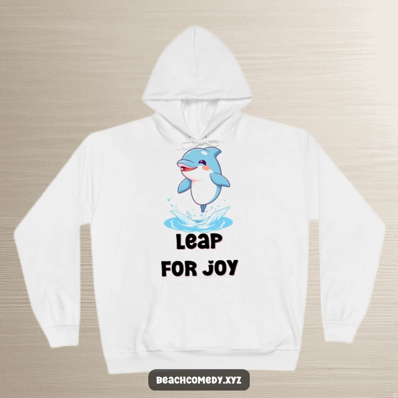 Funny dolphin leaping joyfully out of water, featured on a comfortable hoodie for a cozy, humorous feel.