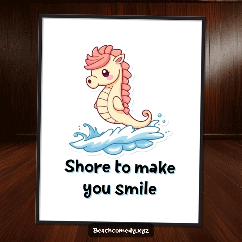 Funny free printable wall art, a whimsical seahorse character surfing a wave towards a sandy beach, capturing coastal fun.