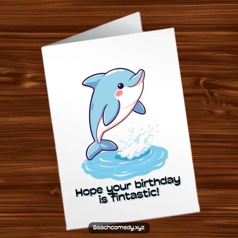 Playful Free Printable Birthday Card: A dolphin leaps gleefully out of a shimmering ocean, bringing birthday cheer.