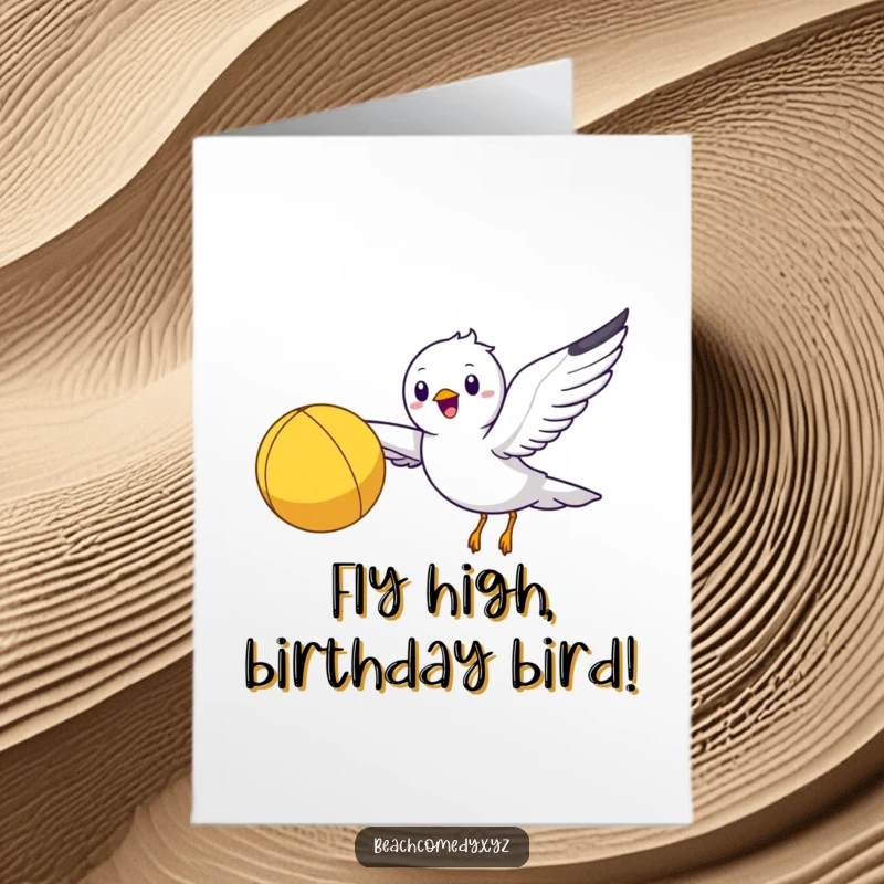 Funny free printable birthday card, a happy seagull character flying through the sky, carrying a bright yellow beach ball.