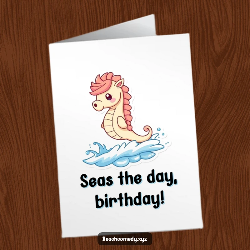 Funny free printable seahorse card, a whimsical character joyfully riding a big blue wave towards a sunny beach.