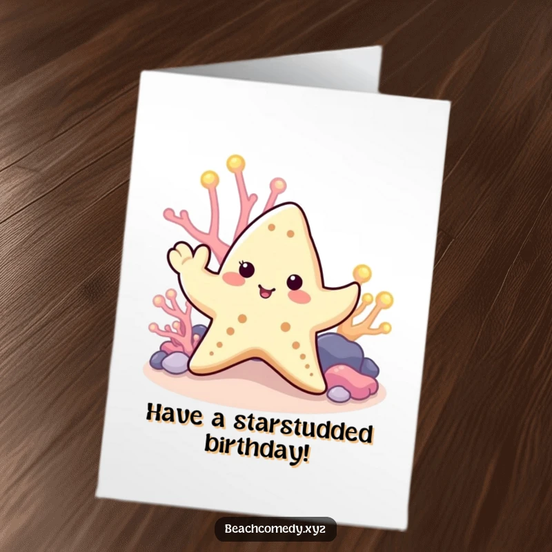 Cute Free Printable Birthday Card: A smiling starfish waves a tentacle near glowing coral, sending happy birthday wishes.