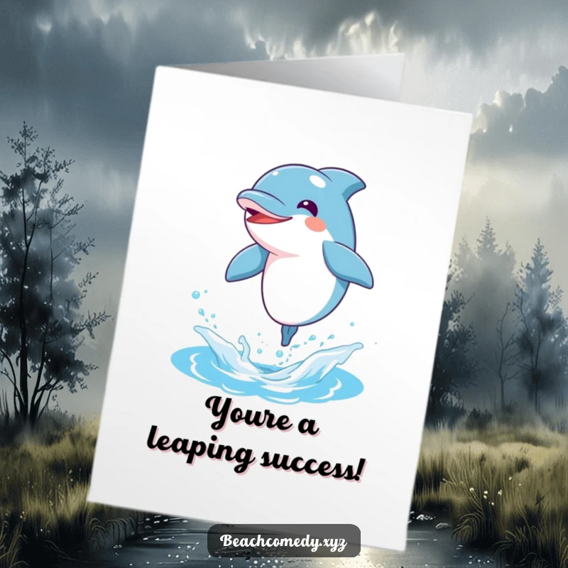 Funny free printable congratulations card, a bouncy dolphin leaping triumphantly out of water, celebrating a great success.