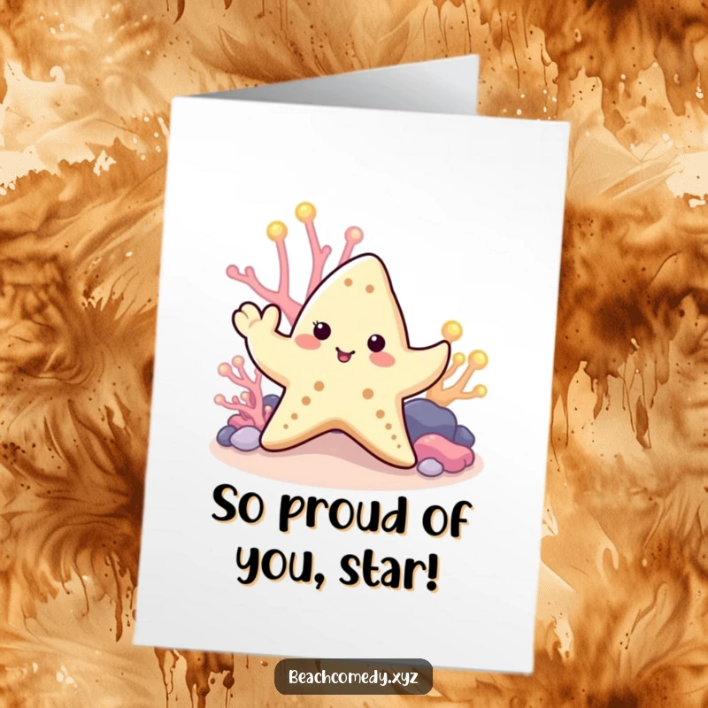 Cute Free Printable Congratulations Card: A friendly starfish waves hello near vibrant glowing coral, celebrating success.