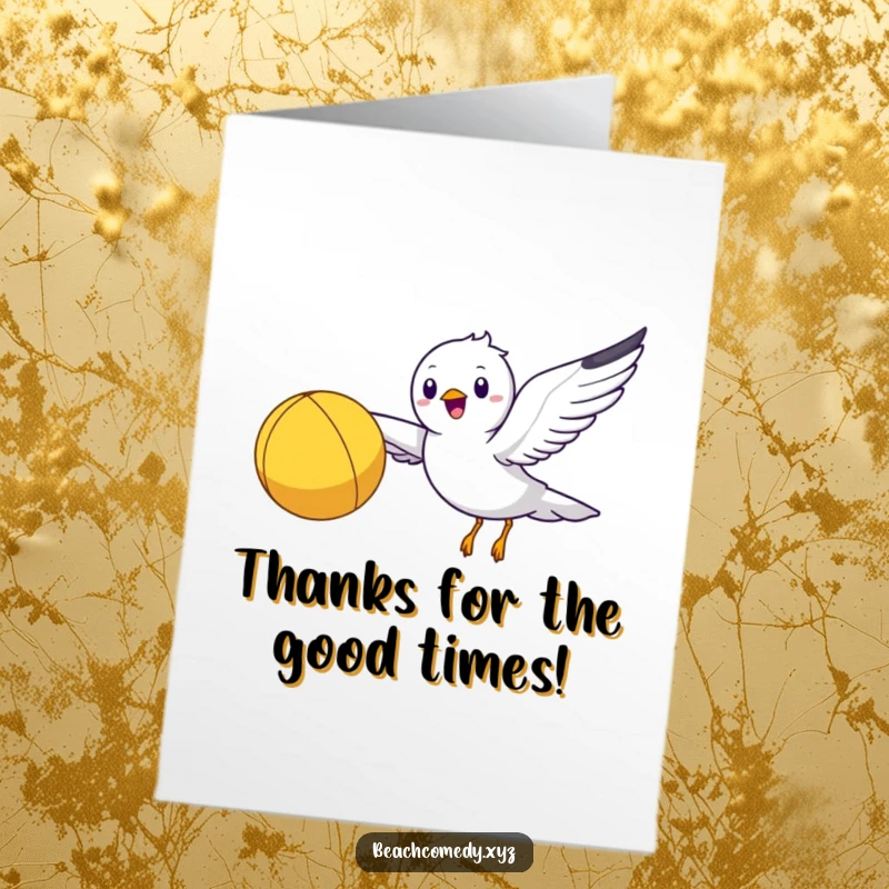 Funny free printable thank you card, a happy seagull character flying with a bright yellow beach ball, showing gratitude.