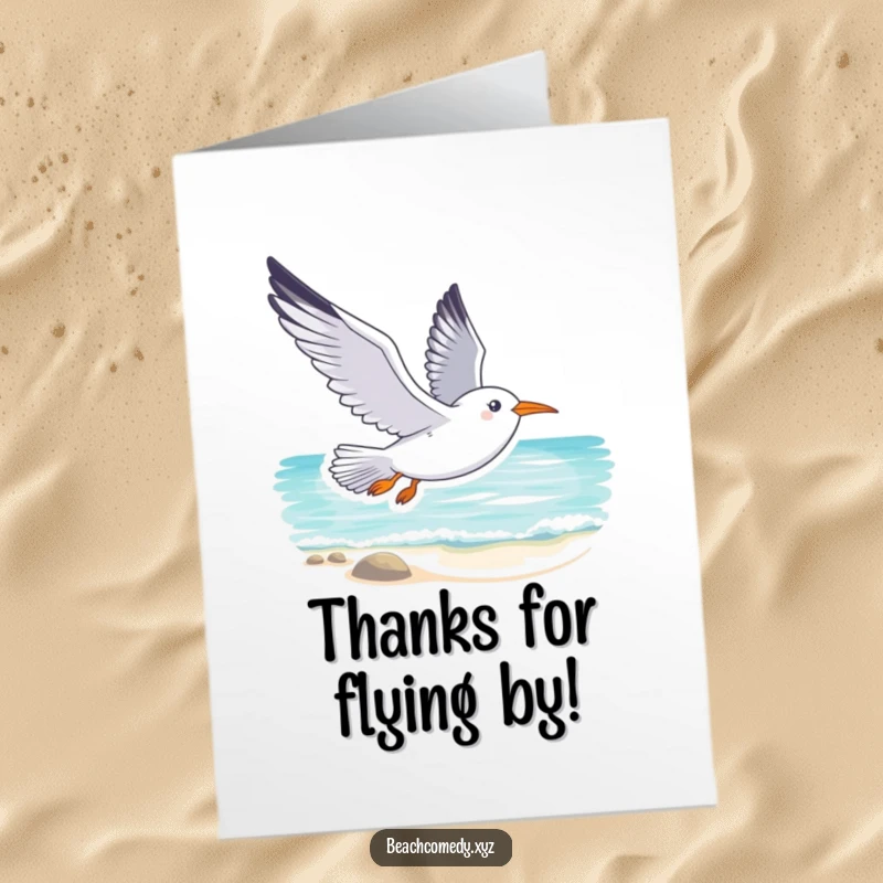 Smiling Free Printable Thank You Card: A seagull gracefully soars over a tranquil beach, offering a serene thank you.