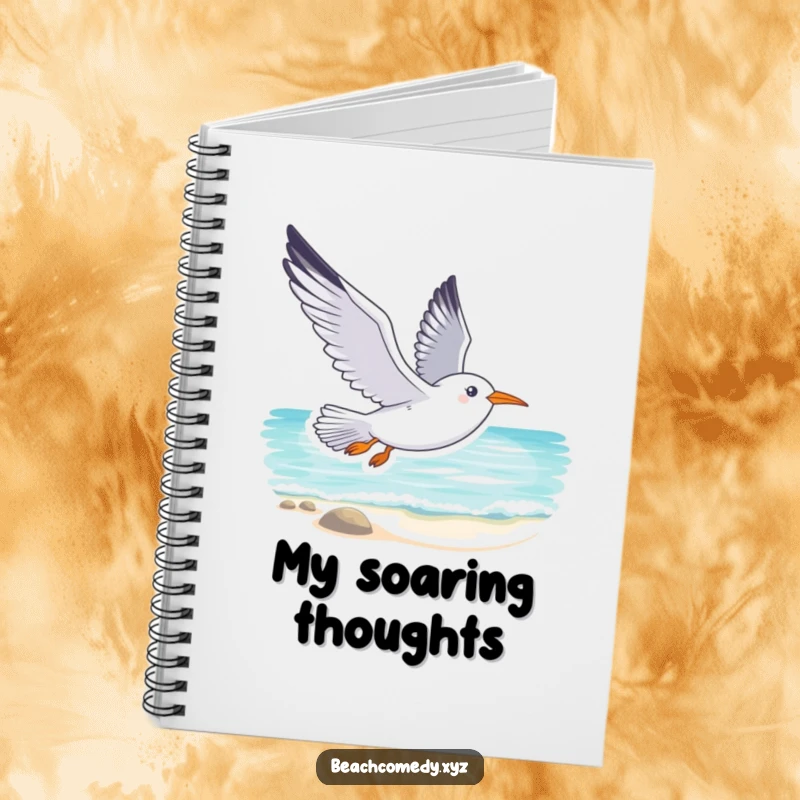 Funny seagull notebook with a smiling seagull soaring gracefully above a tranquil beach, ideal for jotting notes with coastal charm.