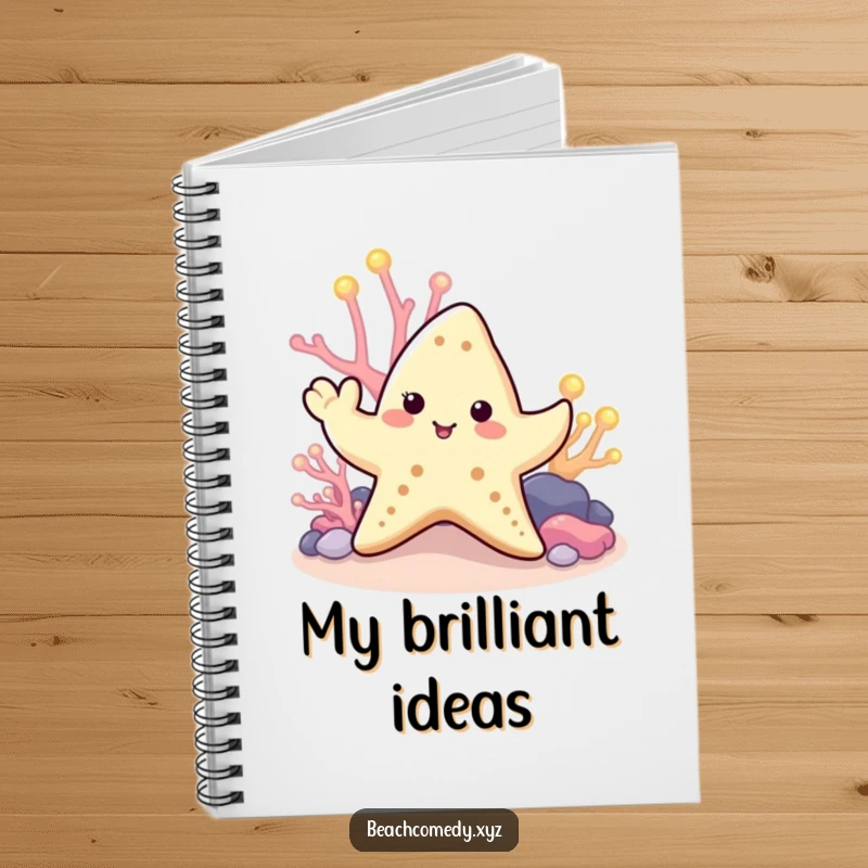Funny starfish notebook with a cute starfish waving a tentacle near glowing coral, ideal for jotting down notes with underwater charm.