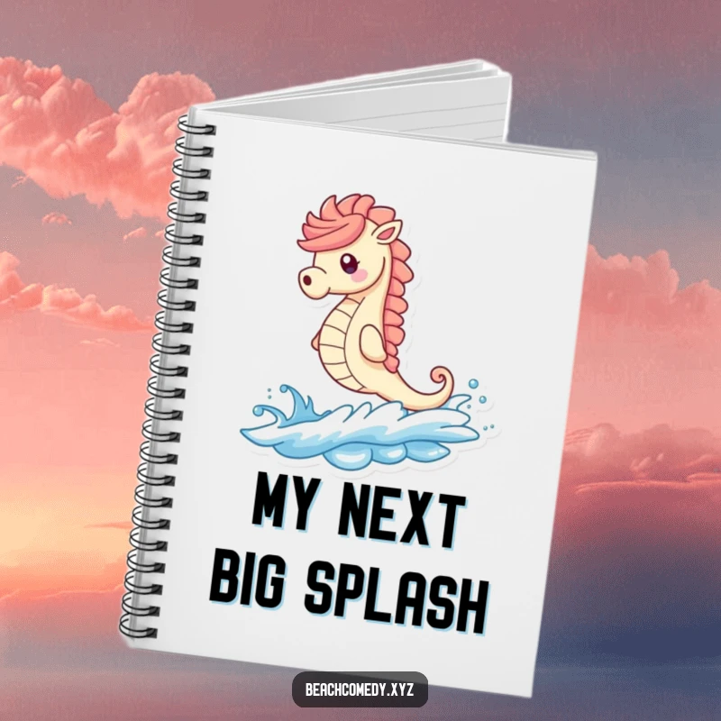 Funny seahorse character writing in a notebook while riding an ocean wave, designed for creative minds.