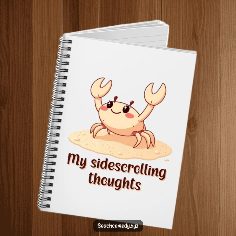 Funny crab notebook with a happy crab scuttling sideways on sparkling sand, ideal for jotting down notes with seaside charm.