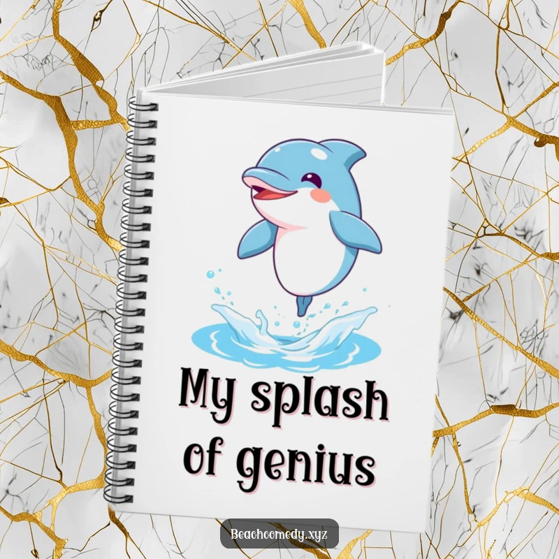 Funny dolphin character leaping out of water on a notebook, inspiring creative thoughts and joy.