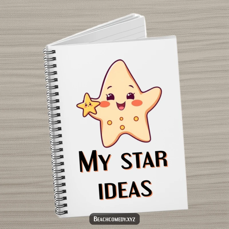 Funny starfish character on a notebook, waving a small arm, encouraging friendly note-taking and ideas.
