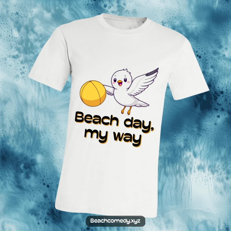 Funny seagull character in flight, carrying a yellow beach ball, conveying playful beach vibes.
