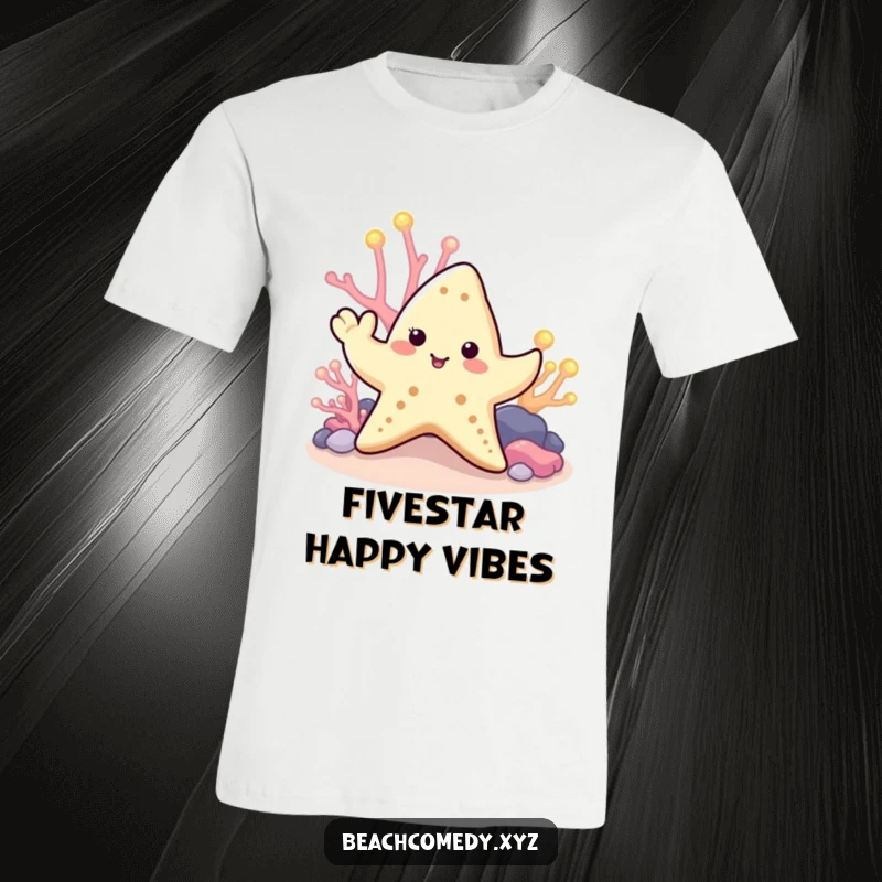 Funny starfish t-shirt featuring a cute starfish waving a tentacle near glowing coral, embodying playful ocean vibes.