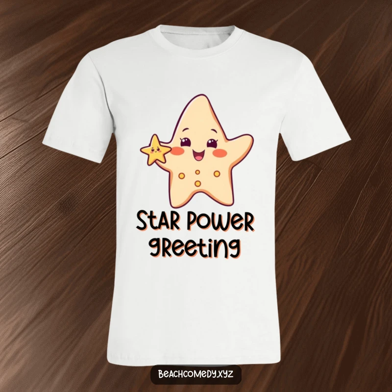Funny, cheerful starfish character enthusiastically waving a tiny arm, symbolizing a friendly beach welcome.
