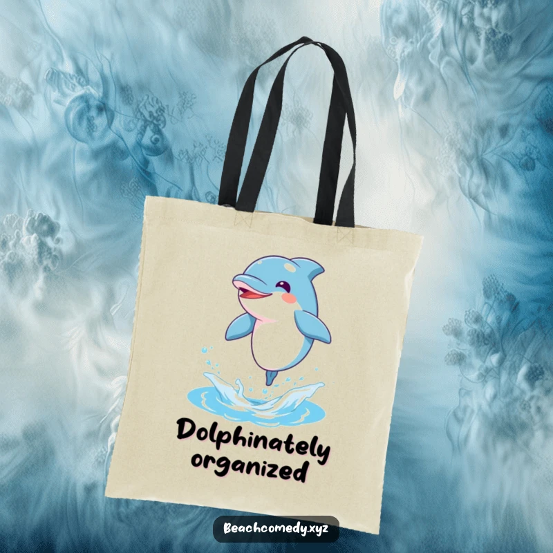 Funny dolphin character leaping energetically from the water on a tote bag, bringing aquatic humor.