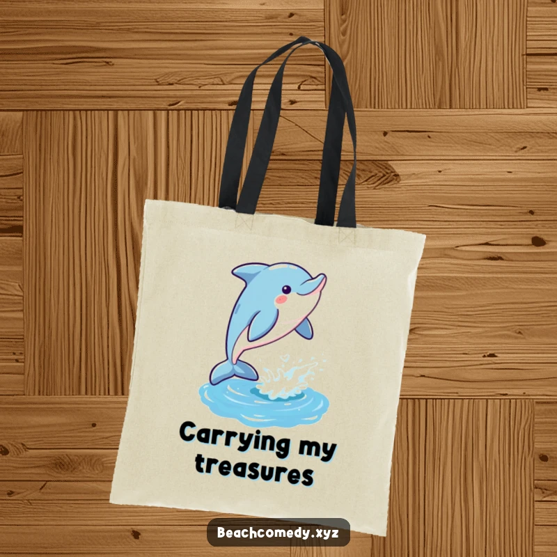 Funny dolphin tote bag with a playful dolphin leaping gleefully out of a shimmering ocean, a practical and humorous beach accessory.