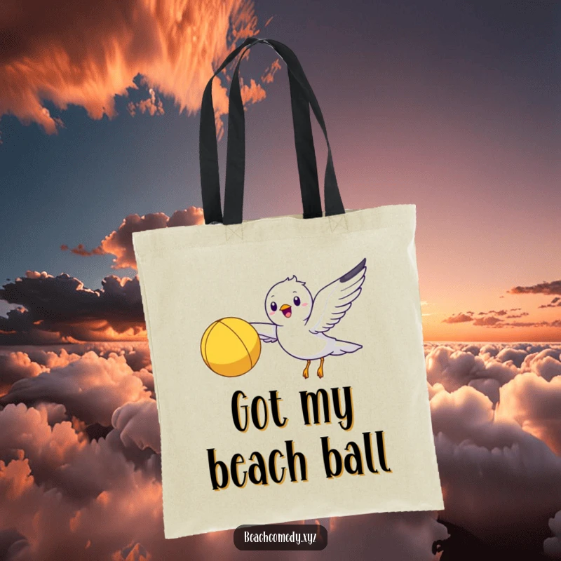 Funny seagull character on a tote bag, flying with a yellow beach ball, perfect for beach gear.