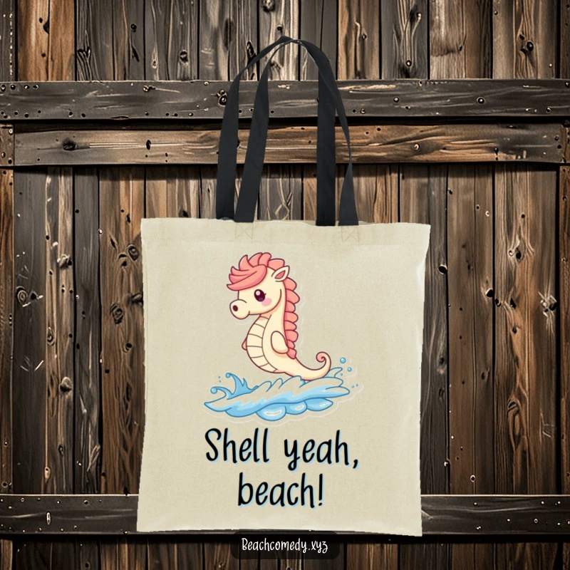 Funny seahorse character on a tote bag, riding an ocean wave towards a sandy beach, showcasing beachy fun.